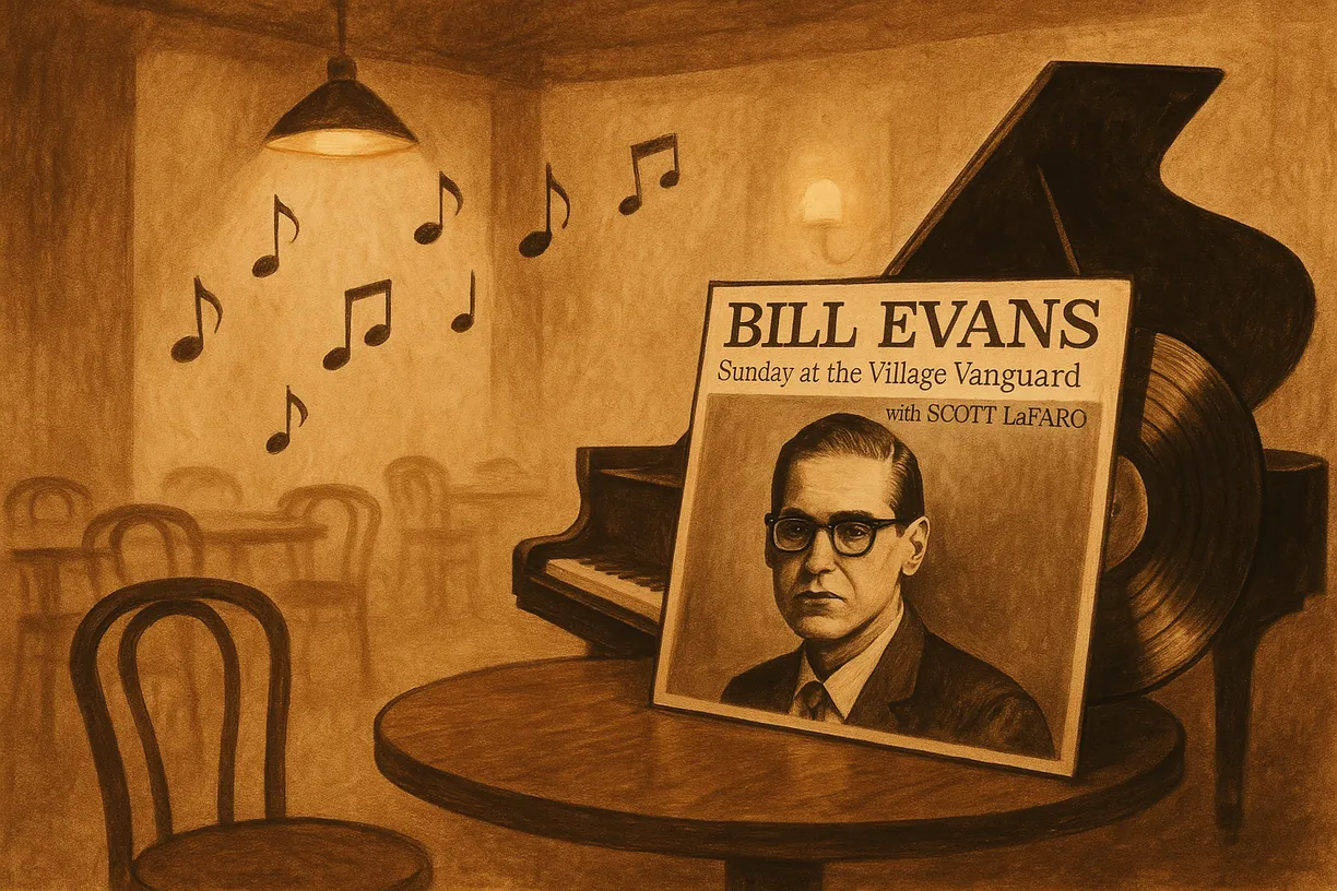 image d'illustration d'un disque de Bill Evans posé sur un piano à queue - ambiance jazzy