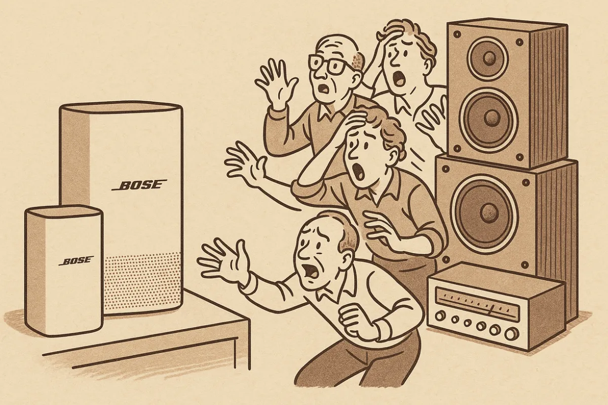 hommes qui s'angoissent devant des enceintes Bose