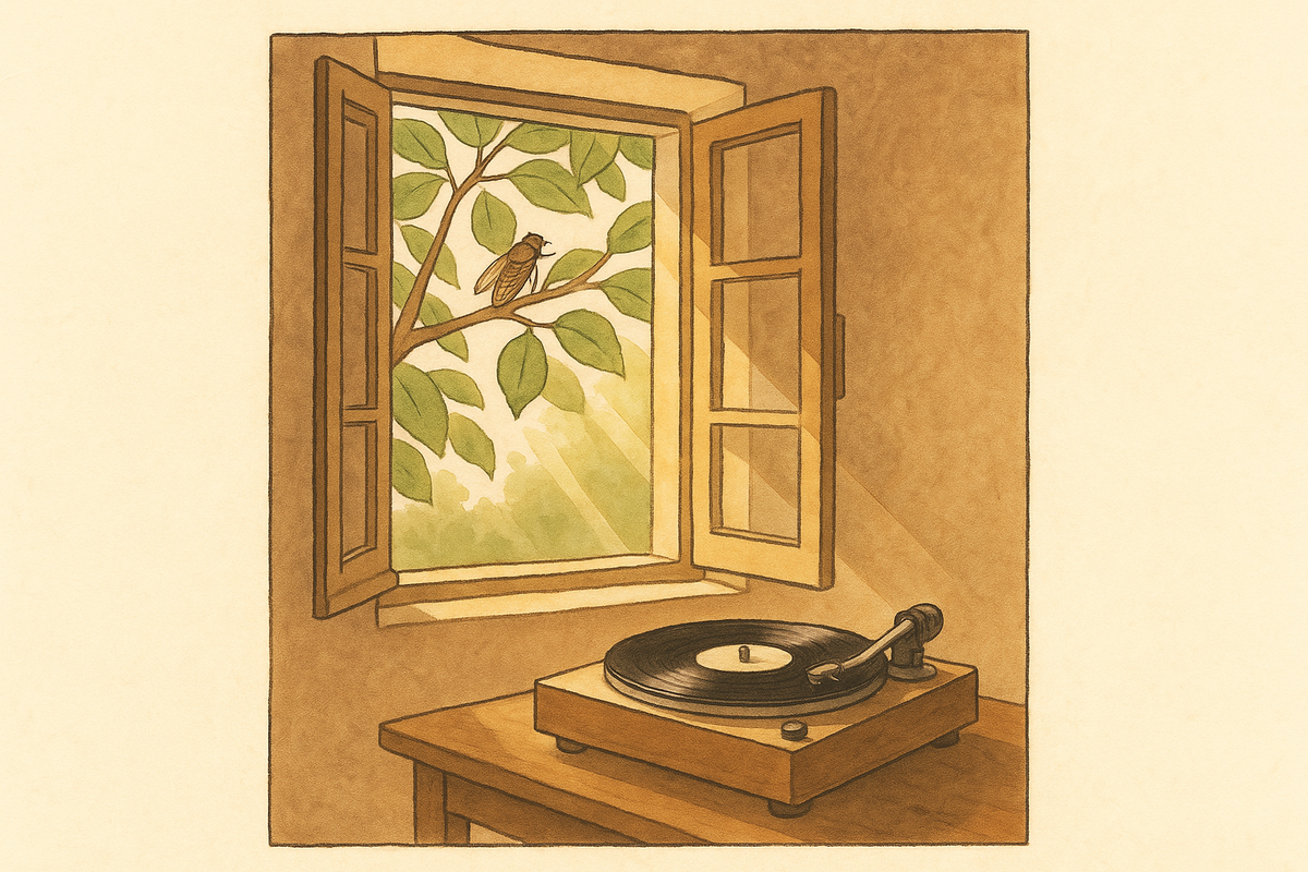 illustration vintage fenêtre ouverte, platine vinyle vintage, soleil et cigale provençale !