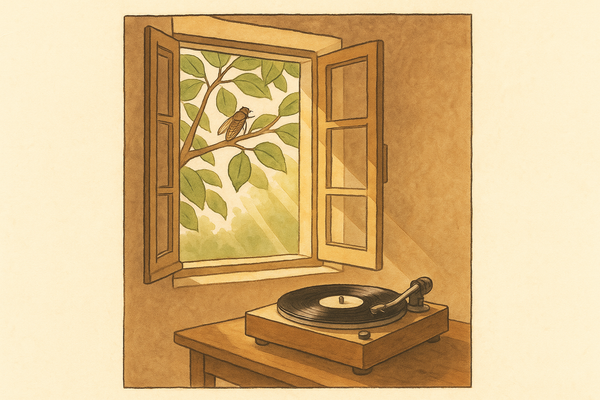 illustration vintage fenêtre ouverte, platine vinyle vintage, soleil et cigale provençale !